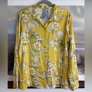 Johnny Was Floral Silk Button Down Blouse Mustard Yellow Boho Tunic Size M